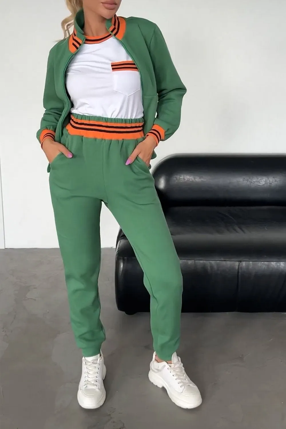 Women's Webbing Contrast Patchwork T-shirt, Jacket and Trousers Three-piece Set