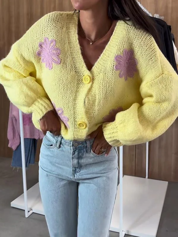 Women's V-neck Embroidered Knitted Cardigan