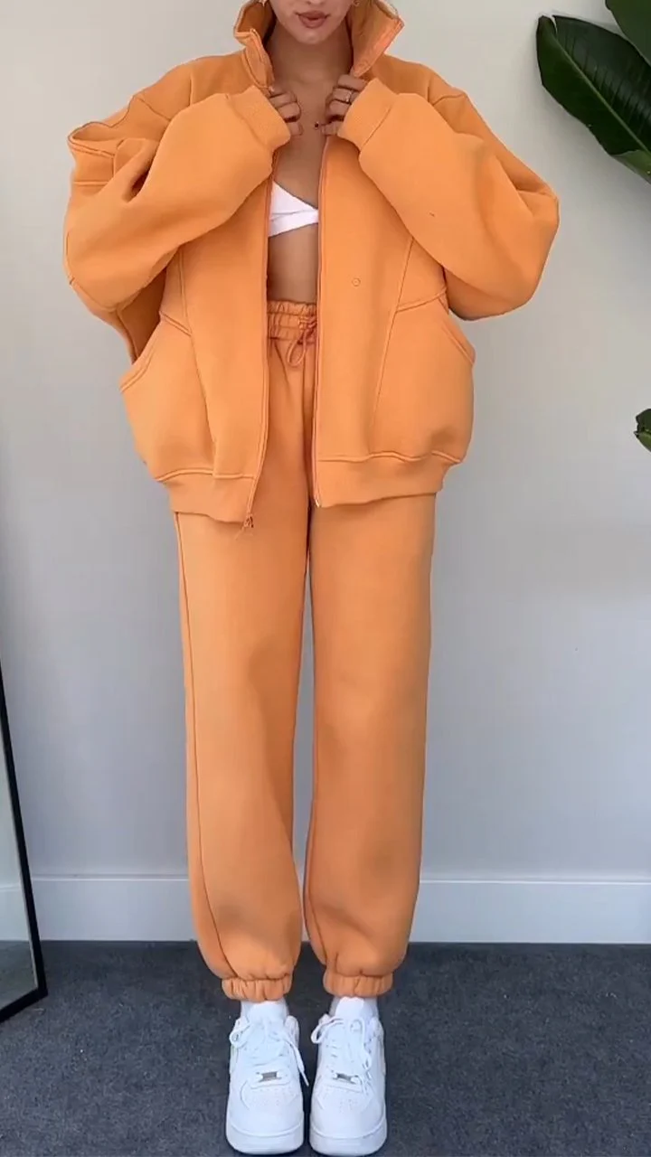 Casual Lapel Zipper Cardigan and Trousers Two-piece Suit